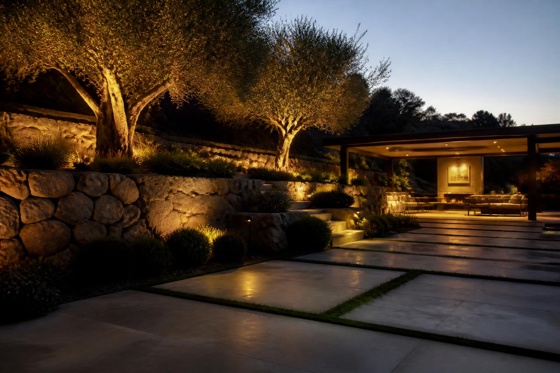 Completed luxury landscape construction project with stone retaining walls, mature trees and paver patio at dusk